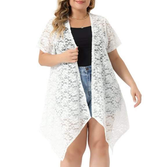 Agnes Orinda Plus Size Cardigan for Women Lace Crochet Short Sleeves Sheer Cover Up 1X White