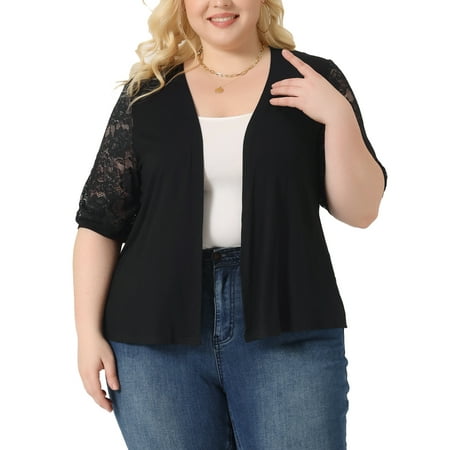 Agnes Orinda Plus Size Cardigan for Women Lightweight Half Sleeve Open Front Lace Sweaters 2X Black
