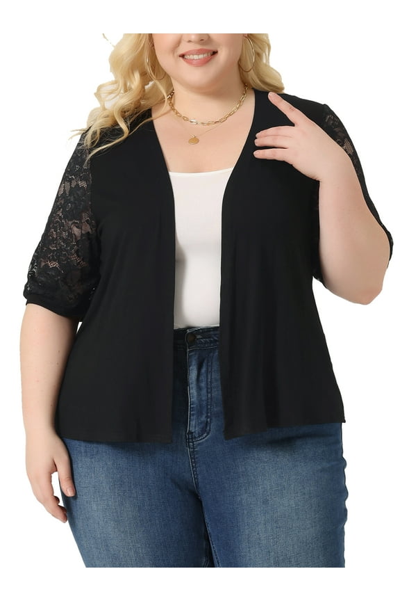Plus Size Cardigan for Women Lightweight Half Sleeve Open Front Lace Sweaters 3X Black