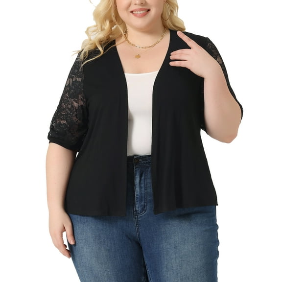 Agnes Orinda Plus Size Cardigan for Women Lightweight Half Sleeve Open Front Lace Sweaters 4X Black