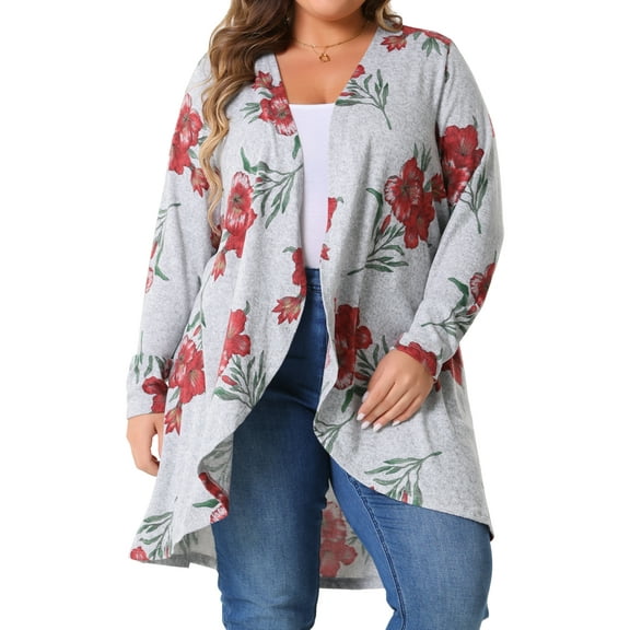 Agnes Orinda Plus Size Cardigan for Women Lightweight Long Sleeve Floral Knit High Low Hem Draped Duster 2X Grey