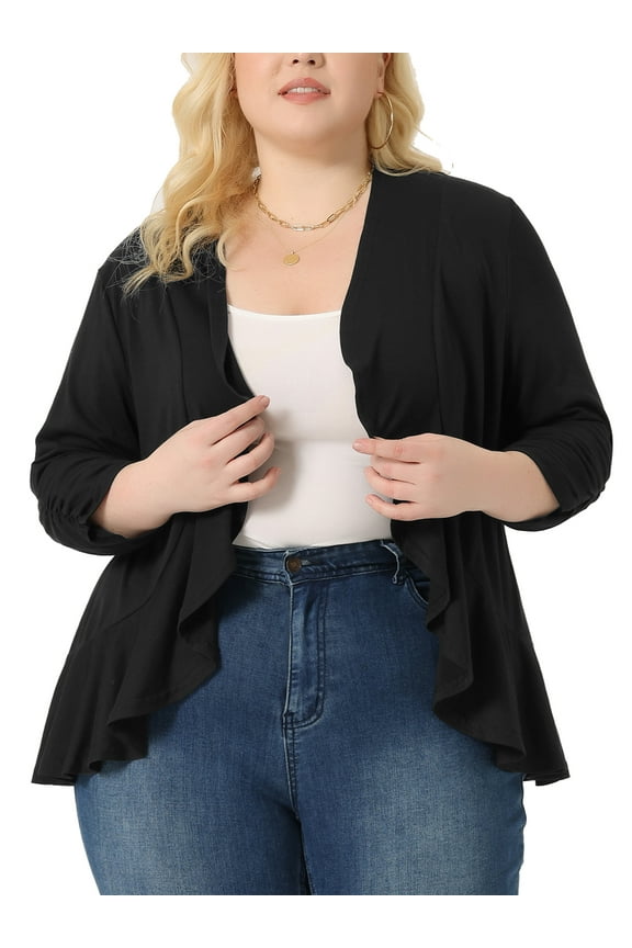 Plus Size Cardigan for Women Soft 3/4 Sleeve Open Front Cropped Shrug Bolero Cardigans Jacket 1X Black