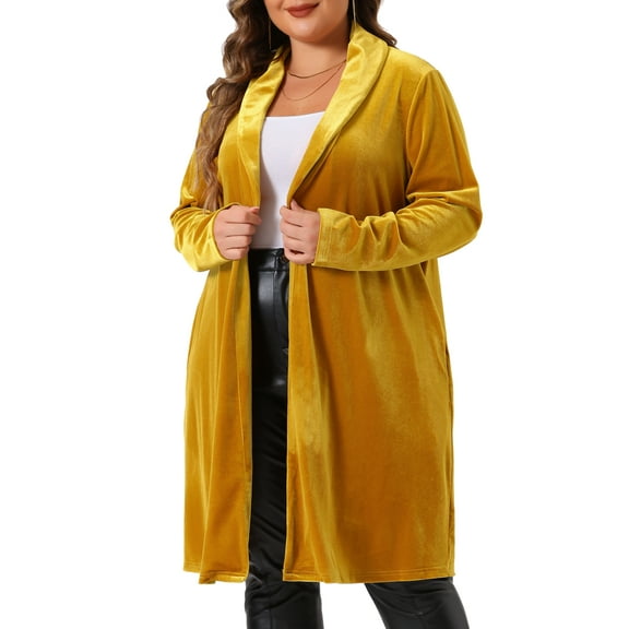 Agnes Orinda Women's Plus Size Long Cardigan Open Front Velvet Blazer Jackets 2X Gold