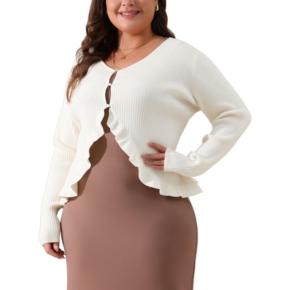 Agnes Orinda Plus Size Cardigans for Women Long Sleeve Knit Sweater Open Front Ruffled Button 3X Beige