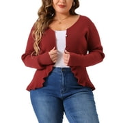 AGNES ORINDA Plus Size Cardigans for Women Long Sleeve Knit Sweater Open Front Ruffled Button Cardigan Outerwear