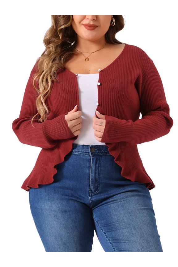 Plus Size Cardigans for Women Long Sleeve Knit Sweater Open Front Ruffled Button Cardigan Outerwear