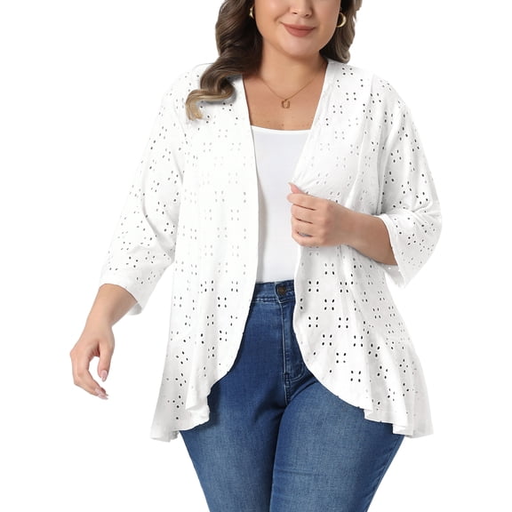Agnes Orinda Women's Plus Size Cardigans Ruffle Open Front 3/4 Sleeve Eyelet Netted Knit Casual Cover Up 3X White