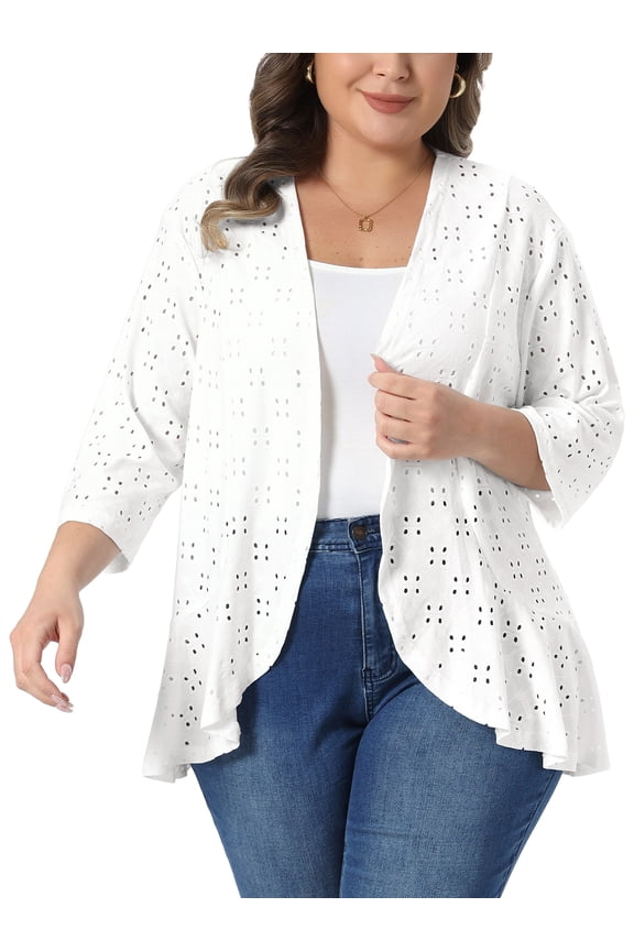 Women's Plus Size Cardigans Ruffle Open Front 3/4 Sleeve Eyelet Netted Knit Casual Cover Up 4X White