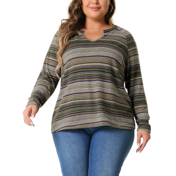 Agnes Orinda Plus Size Casual Tops for Women Long Sleeve T-Shirt Notch V Neck Blouses Fall Winter Tunics 2X Green