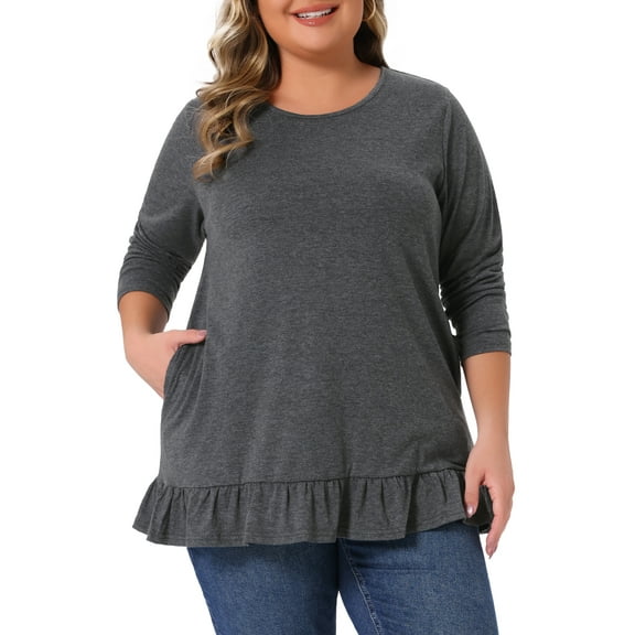 Agnes Orinda Plus Size Casual Tunic Tops for Women Crew Neck Long Sleeve Ruffled Hem Flowy Blouses with Pockets Dark Gray 1X