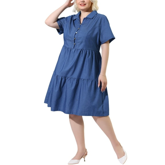 Agnes Orinda Women's Plus Size Chambray Dress Short Sleeves Button Down Flowy Tiered Shirt Dresses 1X Light Blue