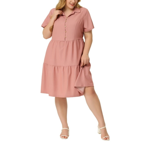 Agnes Orinda Women's Plus Size Chambray Dress Short Sleeves Button Down Flowy Tiered Shirt Dresses 1X Pink