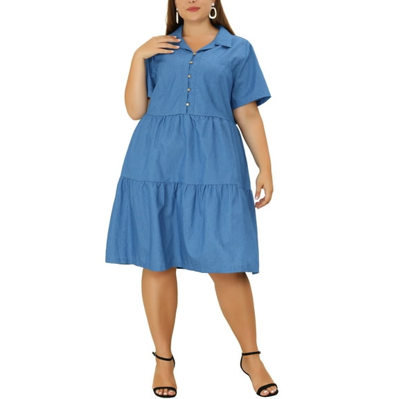 Agnes Orinda Women's Plus Size Chambray Dress Short Sleeves Button Down Flowy Tiered Shirt Dresses 2X Denim Blue