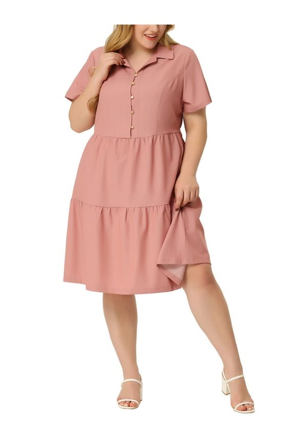 Women's Plus Size Chambray Dress Short Sleeves Button Down Flowy Tiered Shirt Dresses 3X Pink