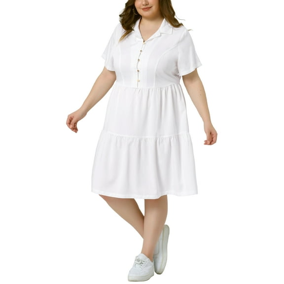 Agnes Orinda Women's Plus Size Chambray Dress Short Sleeves Button Down Flowy Tiered Shirt Dresses 3X White