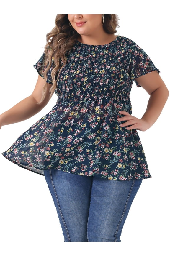 Plus Size Chiffon Blouses for Women Summer Flare Short Sleeve Smocked Ditsy Floral Peplum Top 1X Navy Blue