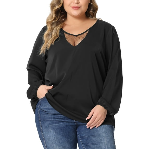 Agnes Orinda Women's Plus Size Chiffon Blouses V Neck Lace Panel Long Sleeve Casual Tops Shirts 4X Black