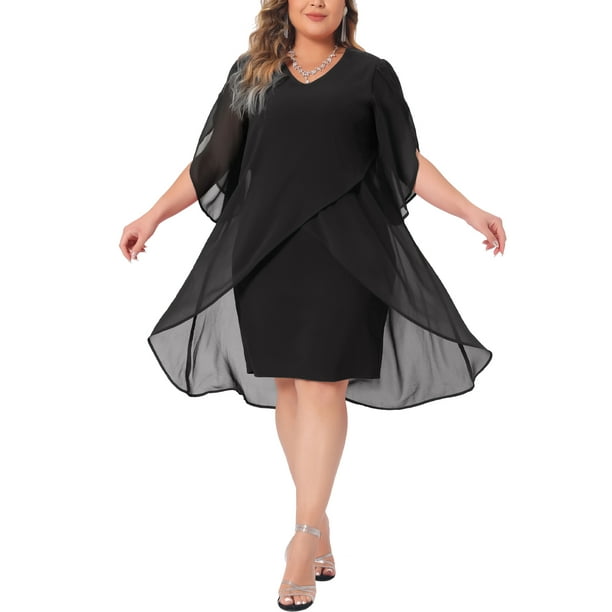 Agnes Orinda Women s Plus Size Chiffon Overlay Wedding Guest Cocktail Party Dresses 1X Black