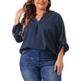 thumbnail image 1 of Agnes Orinda Plus Size Chiffon Top for Women V Neck Long Sleeve Rolled Up Sleeves Pleated Back Shirts Casual Tops 2X Navy Blue, 1 of 5