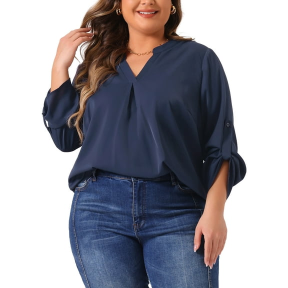 Agnes Orinda Plus Size Chiffon Top for Women V Neck Long Sleeve Rolled Up Sleeves Pleated Back Shirts Casual Tops 3X Navy Blue