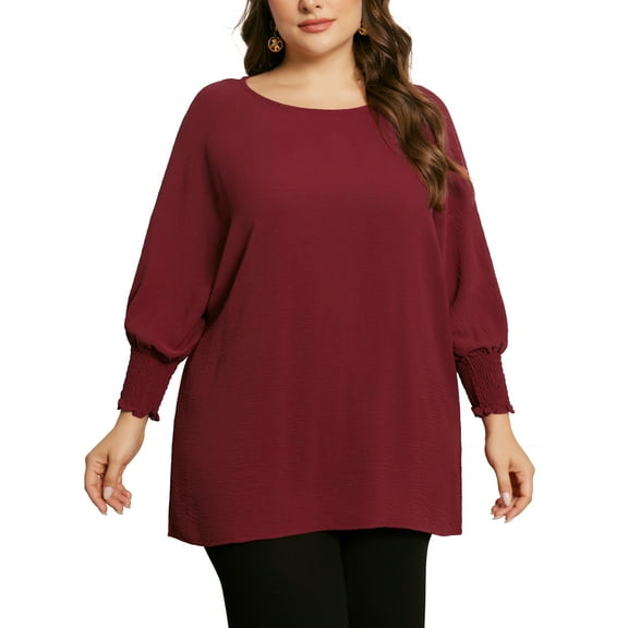 Agnes Orinda Women's Plus Size Chiffon Tops Batwing Ruffle Long Sleeve Casual Loose Shirts Blouses 1X Burgundy