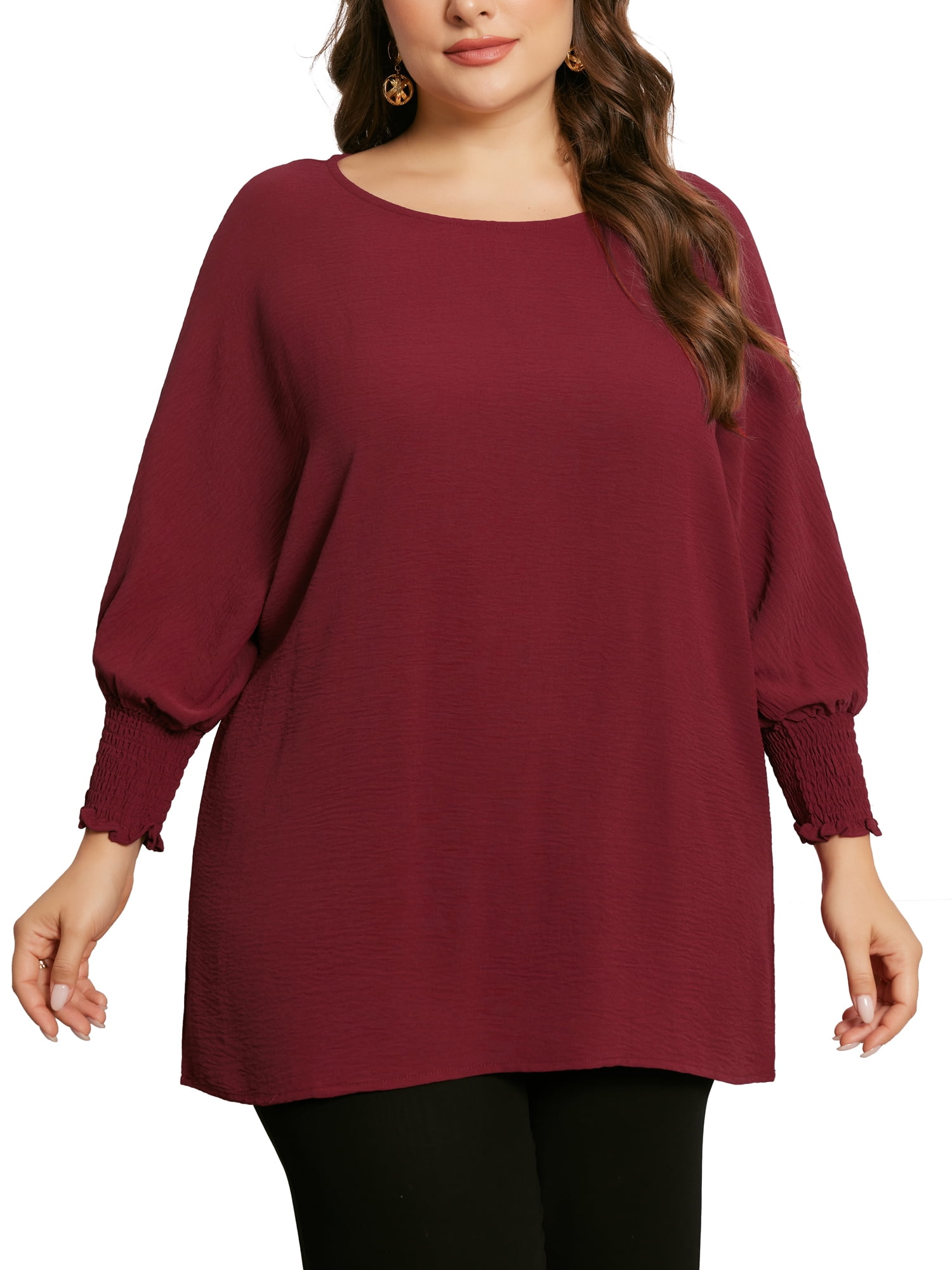 Agnes Orinda Women's Plus Size Chiffon Tops Batwing Ruffle Long Sleeve ...