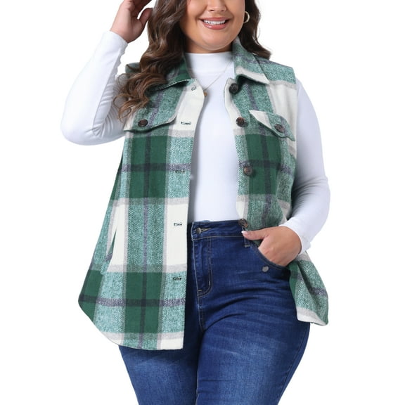 Agnes Orinda Plus Size Coat for Women Plaid Vest Coat Slash Pocket Sleeveless Button Down Jacket Outerwear 1X Green
