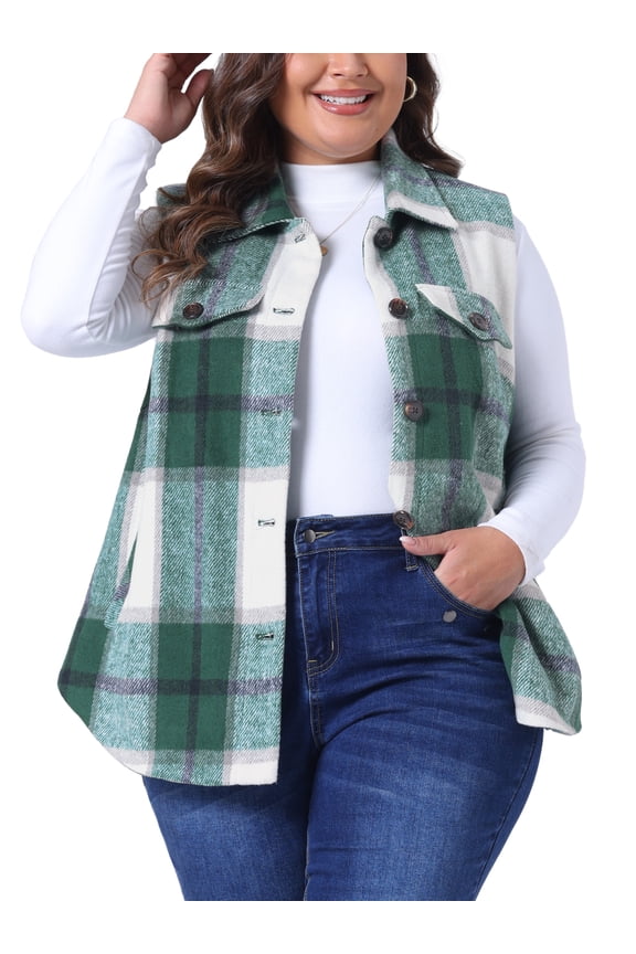 Plus Size Coat for Women Plaid Vest Coat Slash Pocket Sleeveless Button Down Jacket Outerwear 1X Green