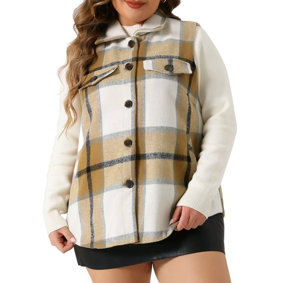 Agnes Orinda Plus Size Coat for Women Plaid Vest Coat Slash Pocket Sleeveless Button Down Jacket Outerwear 1X White Brown