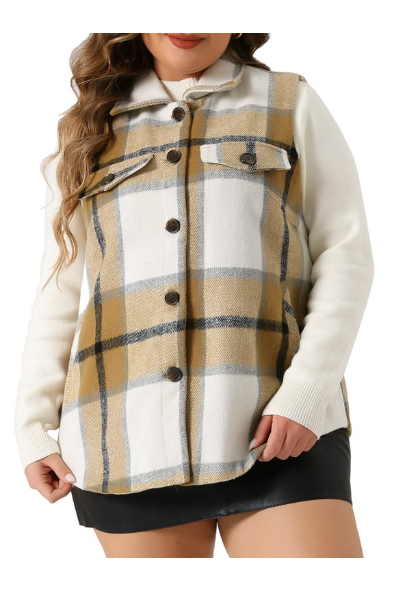 Plus Size Coat for Women Plaid Vest Coat Slash Pocket Sleeveless Button Down Jacket Outerwear 2X White Brown