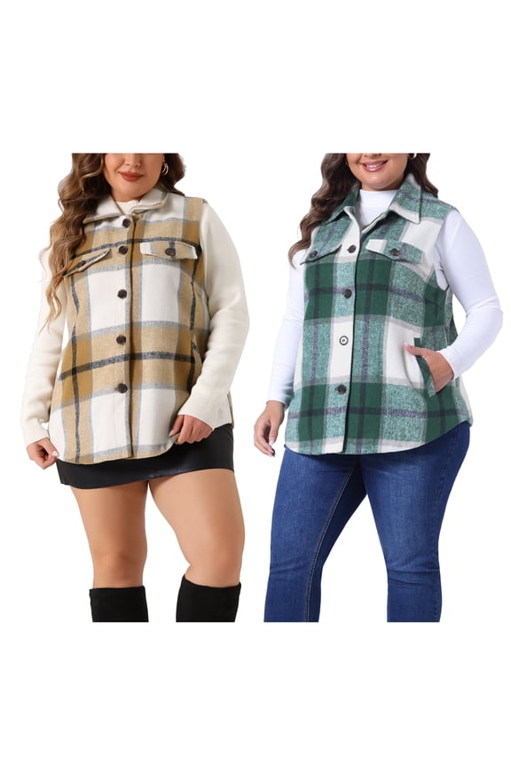 Plus Size Coat for Women Two Piece Plaid Vest Coat Slash Pocket Sleeveless Button Down Jacket Outerwear 1X White Brown/Green