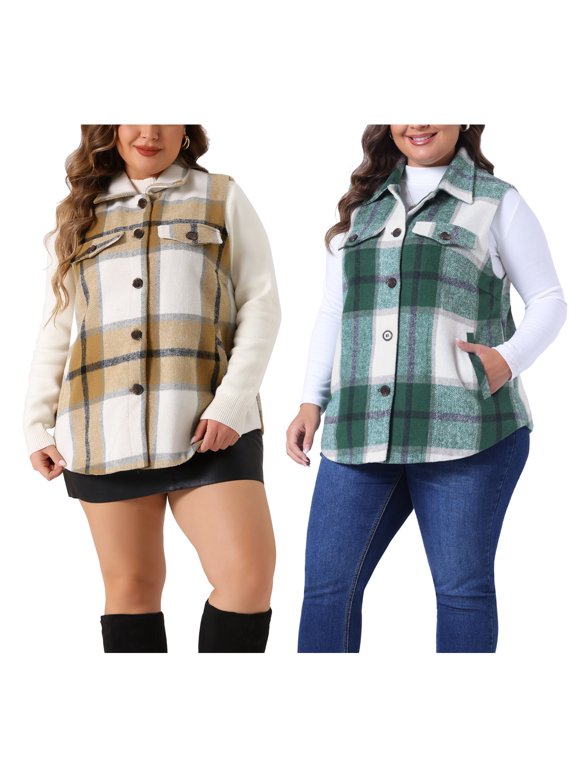 Plus Size Coat for Women Two Piece Plaid Vest Coat Slash Pocket Sleeveless Button Down Jacket Outerwear 2X White Brown/Green