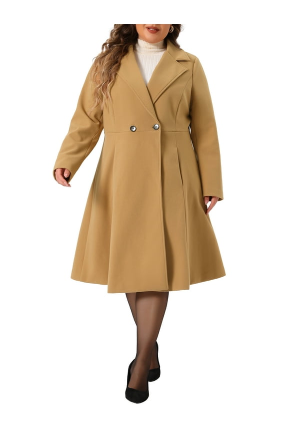 Women's Plus Size Coats Notch Lapel Double Breasted Elegant Trench Winter A Line Pea Coats 2X Camel