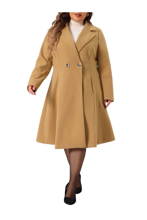 Women's Plus Size Coats Notch Lapel Double Breasted Elegant Trench Winter A Line Pea Coats 4X Camel