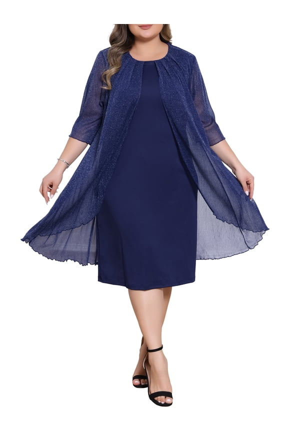 Women's Plus Size Valentines Day Cocktail Dress Sequin Mesh Cape Overlay Crew Neck Wedding Guest Foral Midi Pencil Bodycon Dress 4X Navy Blue