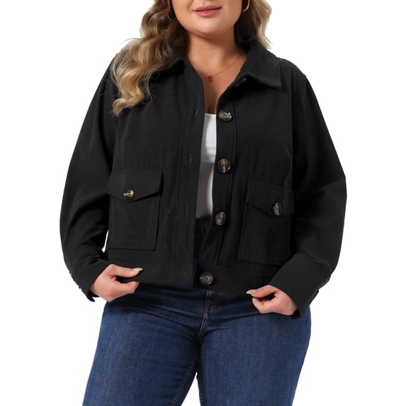 Agnes Orinda Women's Plus Size Short Jacket Lapel Button Down Long Sleeve Fall Casual Corduroy Jackets with Pockets 2X Black