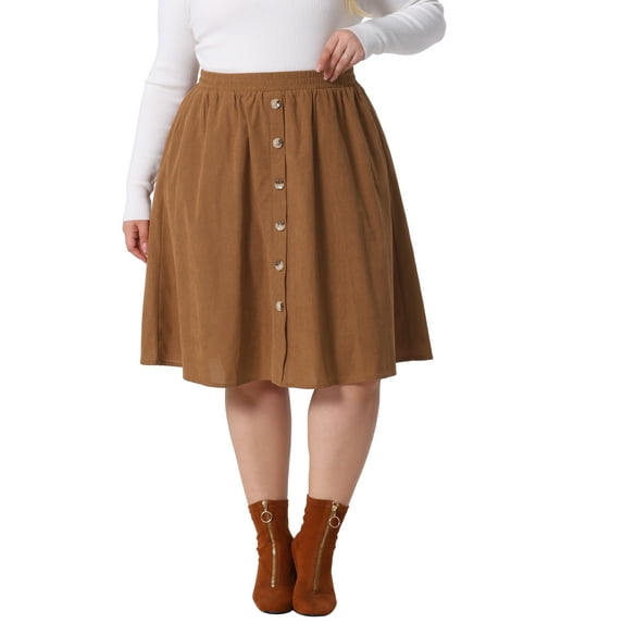 Agnes Orinda Plus Size Corduroy Midi Skirts for Women Elastic High Waist Button Front A-Line Skirt with Pockets 2X Dark Brown