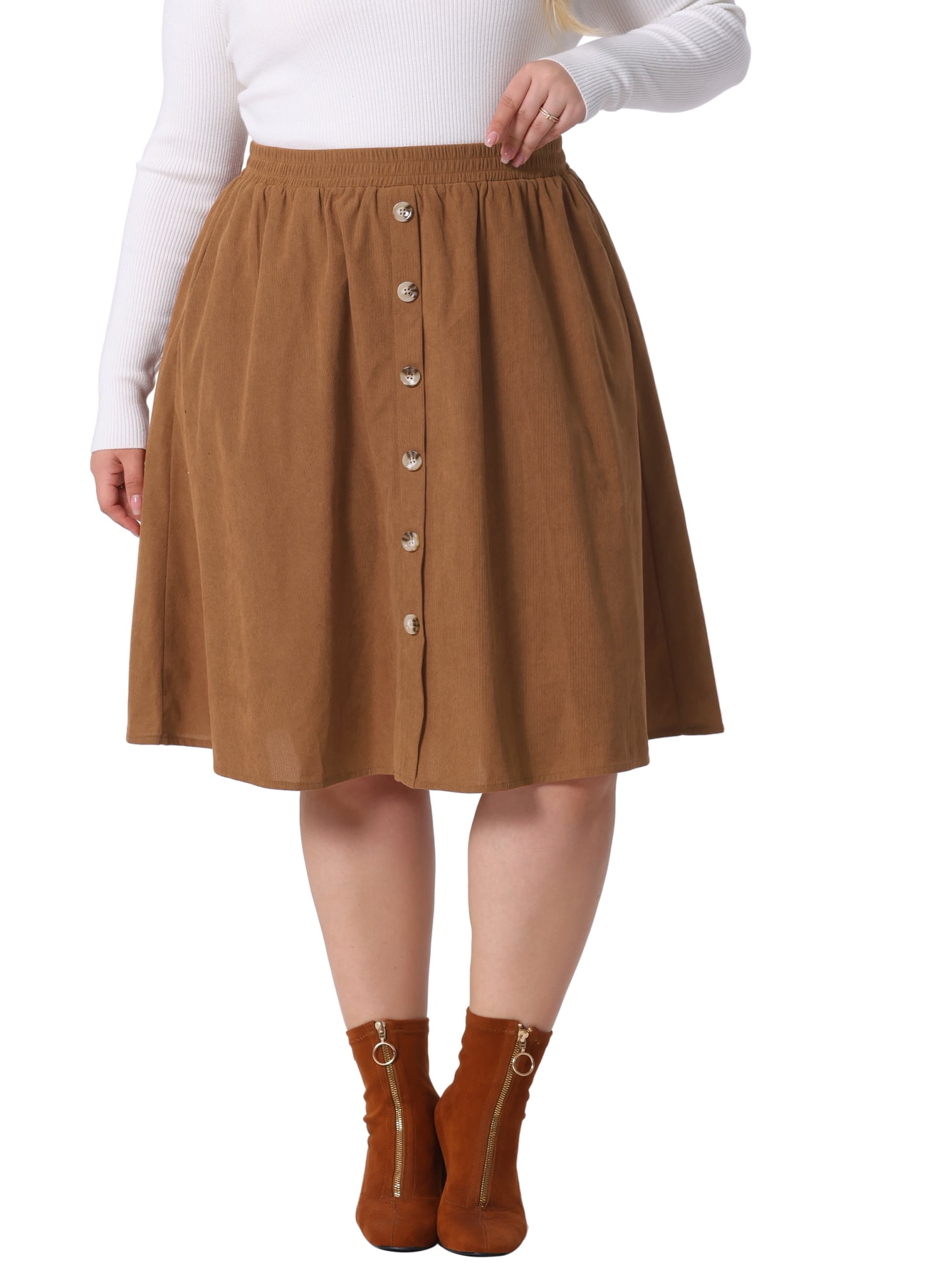 Agnes Orinda Plus Size Corduroy Midi Skirts for Women Elastic High