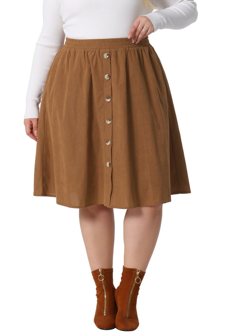 Agnes Orinda Plus Size Corduroy Midi Skirts for Women Elastic High