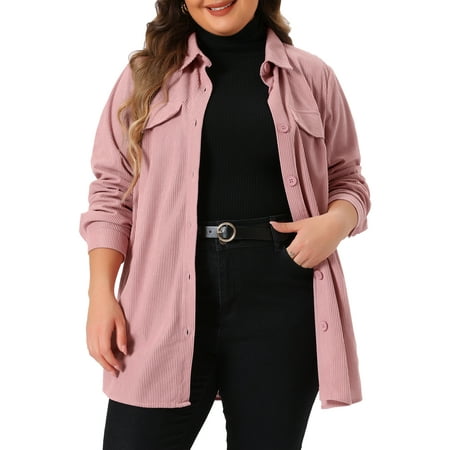 Agnes Orinda Plus Size Women's Corduroy Shirts Long Sleeve Button Down with Pocket Long Shackets Jacket 1X Pink