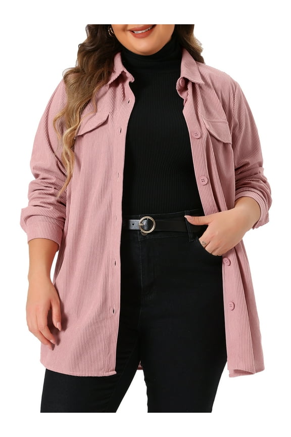 Plus Size Women's Corduroy Shirts Long Sleeve Button Down with Pocket Long Shackets Jacket 2X Pink