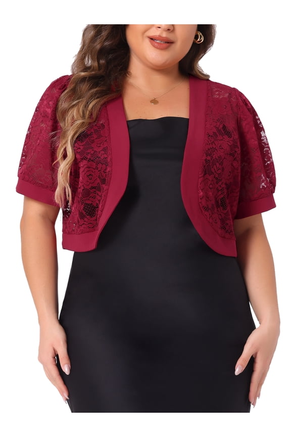 Women's Plus Size School College Cropped Cardigans Open Front Short Sleeve Floral Lace Sheer Bolero Shrugs 3X Burgundy