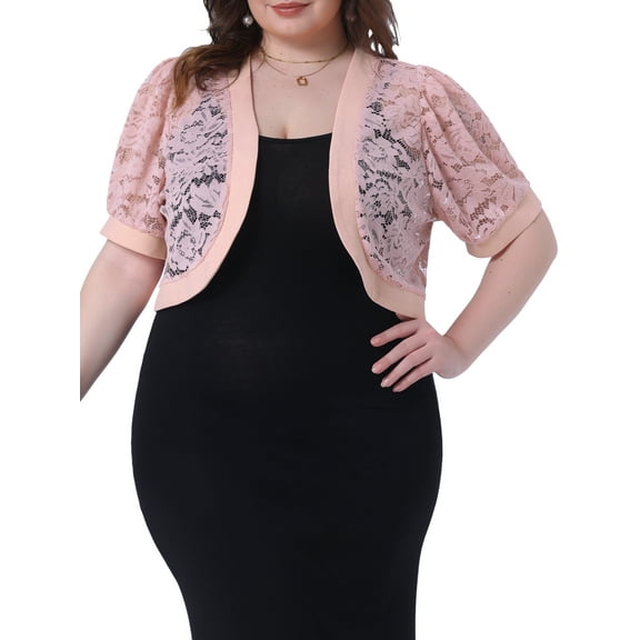 Agnes Orinda Women's Plus Size Cropped Cardigans Open Front Short Sleeve Floral Lace Sheer Bolero Shrugs 3X Pink
