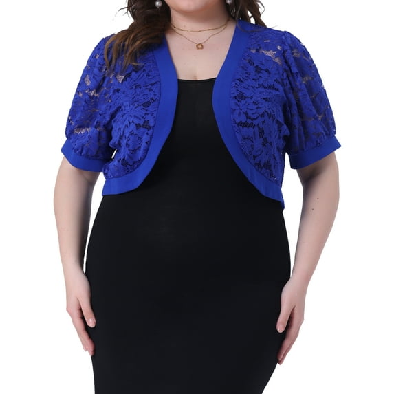 Agnes Orinda Women's Plus Size Cropped Cardigans Open Front Short Sleeve Floral Lace Sheer Bolero Shrugs 3X Royal Blue