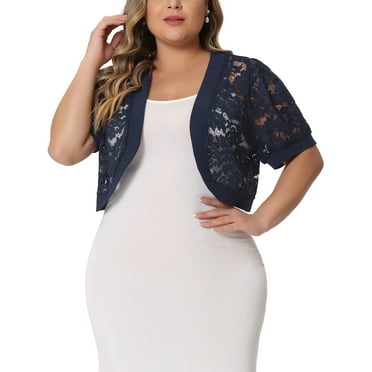 Agnes Orinda Plus Size Cropped Cardigans for Women Open Front Short Sleeve Floral Lace Sheer Bolero Shrugs for Dresses 4X Navy Blue