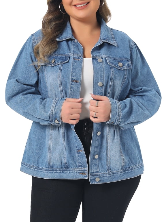 Plus Size Denim Jacket for Women Long Sleeve Button Down Washed Front Trucker Jean Jacket 1X Light Blue-