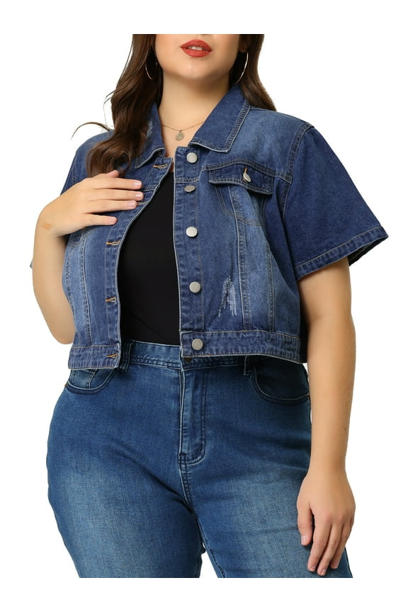 Women's Plus Size Denim Jacket Short Sleeves Button Down Cropped Jean Jackets 2X Blue