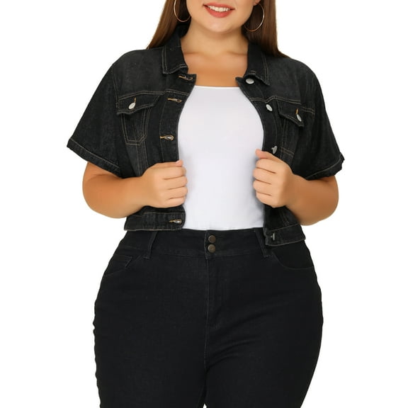 Agnes Orinda Women's Plus Size Denim Jacket Short Sleeves Button Down Cropped Jean Jackets 3X Black