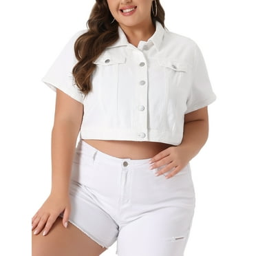 Agnes Orinda Plus Size Denim Jacket for Women Short Sleeves Button Down Cropped Jean Jackets 3X White