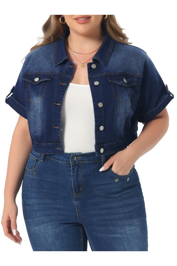 Plus Size Denim Jackets for Women Button Front Work Washed Rolled Sleeves Cropped Jean Jacket 4X Black Blue
